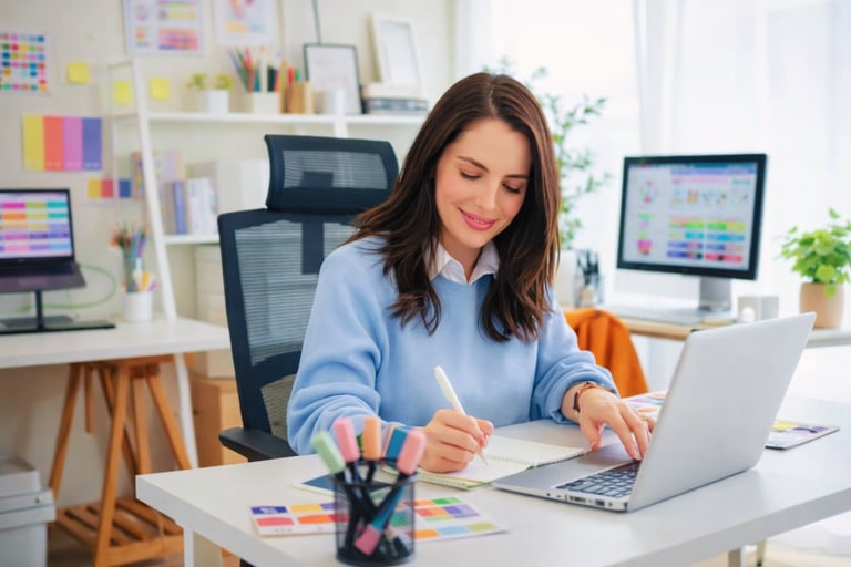 Woman in blue shirt working at desk with laptop in creative office, surrounded by design tools and color palettes